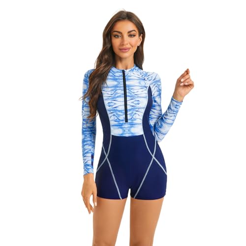 OMEWEE Einteiliger Rashguard f�r Damen lang�rmelig mit Marmor-Print Badeanzug Boyleg Rei�verschluss vorne Neoprenanzug Rundhalsausschnitt Badeanzug Surfurlaub Strandmode Blau S von OMEWEE