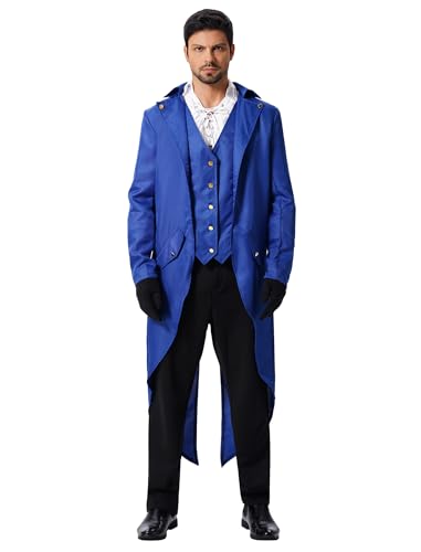 OMEWEE Herren Gothic Steampunk Frack Mantel Männer Mittelalter Viktorianischen Vintage Jacke Uniform Lange Smoking für Karneval Fasching Halloween Kostüm Blau XL von OMEWEE