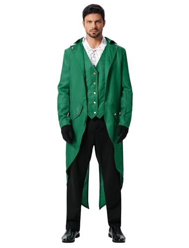 OMEWEE Herren Gothic Steampunk Frack Mantel Männer Mittelalter Viktorianischen Vintage Jacke Uniform Lange Smoking für Karneval Fasching Halloween Kostüm Grün XXL von OMEWEE