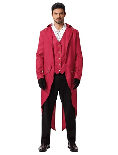 OMEWEE Herren Gothic Steampunk Frack Mantel Männer Mittelalter Viktorianischen Vintage Jacke Uniform Lange Smoking für Karneval Fasching Halloween Kostüm Rot XL von OMEWEE