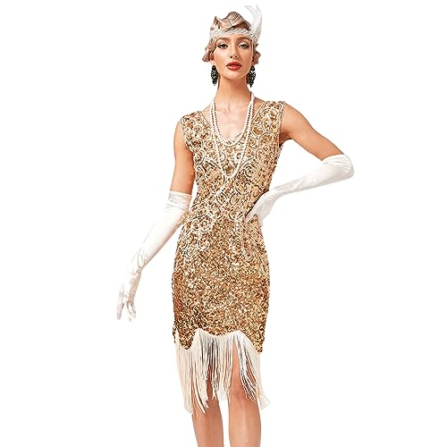 OMEWEE Kleid 1920er Jahre Damen V-Ausschnitt Pailletten Fransen Kleid Flapper Charleston Kleider Cocktailkleid Partykleid 20er Jahre Kostüm Abschlussballkleid Gold mit Fransen L von OMEWEE