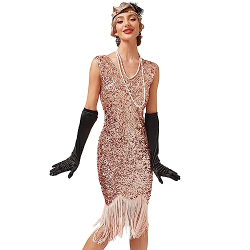 OMEWEE Kleid 1920er Jahre Damen V-Ausschnitt Pailletten Fransen Kleid Flapper Charleston Kleider Cocktailkleid Partykleid 20er Jahre Kostüm Abschlussballkleid Rosa XS von OMEWEE