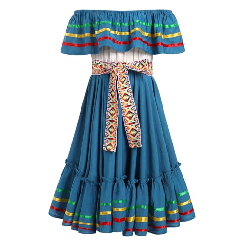 OMEWEE M?dchen Cinco De Mayo Fiesta Traditionelles Kleid mit G?rtel Mexikanische Indianerkost?me ?rmelloses R?schenkleid Mexikanisches Kulturelles Fiesta-Kleid Party Blau 7-8 Jahre von OMEWEE