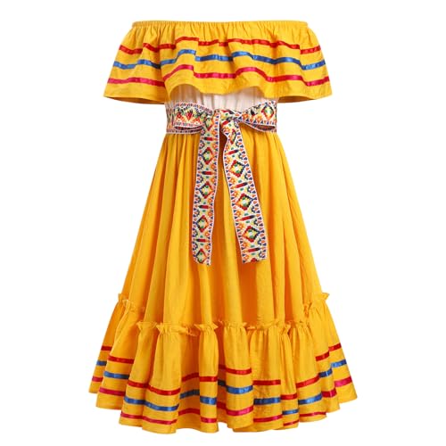 OMEWEE M?dchen Cinco De Mayo Fiesta Traditionelles Kleid mit G?rtel Mexikanische Indianerkost?me ?rmelloses R?schenkleid Mexikanisches Kulturelles Fiesta-Kleid Party Gelb 9-10 Jahre von OMEWEE