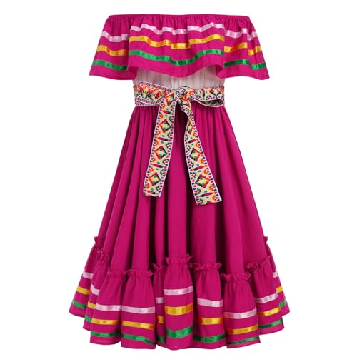 OMEWEE M?dchen Cinco De Mayo Fiesta Traditionelles Kleid mit G?rtel Mexikanische Indianerkost?me ?rmelloses R?schenkleid Mexikanisches Kulturelles Fiesta-Kleid Party Rosenrot 5-6 Jahre von OMEWEE
