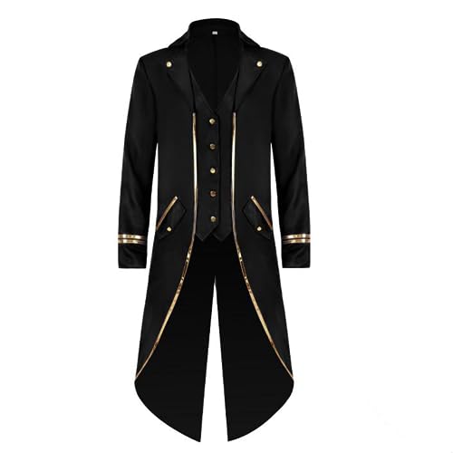 OMEWEE Mittelalter Jacke, Herren Steampunk Frack Mantel Vintage Mantel Gehrock Jacke Viktorianischen Karneval Kostüm Cosplay Halloween Fashing Smoking Kostüm 01Schwarz 2XL von OMEWEE