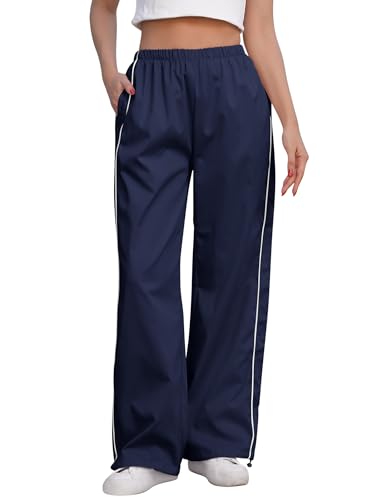 OMEWEE Sommerhose Damen Leicht Und Luftig Weites Bein Hose mit Taschen Freizeithosen Elegant Casual Taille Palazzo Hose, Lange Sporthose mit Gummizug Dunkelblau XL von OMEWEE