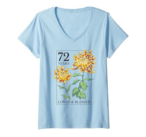 Damen 72 Years Loved and Blessed Blumenstempel zum 72. Geburtstag T-Shirt mit V-Ausschnitt von OMG Its My Birthday Happy Birthday Shirts