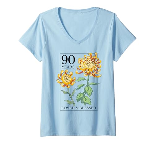Damen 90 Years Loved and Blessed Blumenstempel 90. Geburtstag T-Shirt mit V-Ausschnitt von OMG Its My Birthday Happy Birthday Shirts