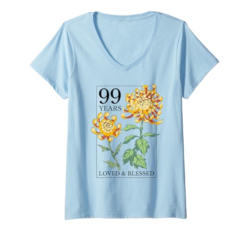 Damen 99 Years Loved and Blessed Blumenstempel 99. Geburtstag T-Shirt mit V-Ausschnitt von OMG Its My Birthday Happy Birthday Shirts