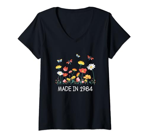 Damen Frauen Garten Blume Schmetterling 60. Geburtstag Made in 1964 T-Shirt mit V-Ausschnitt von OMG Its My Birthday Happy Birthday Shirts