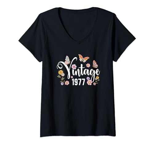 Vintage 1977 Schmetterling Blume Niedlich Alles Gute zum 47. Geburtstag Frauen T-Shirt mit V-Ausschnitt von OMG Its My Birthday Happy Birthday Shirts
