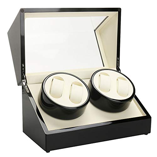 OMGGYER Automatik Uhrenbeweger 4 Uhren Watch Winder Box, Drehen PU Uhrenbox Uhrendreher für Automatikuhren, Armbanduhre Anzeigen Box Uhrengehäuse mit Leisem Motor & Kissen, Schwarz von OMGGYER