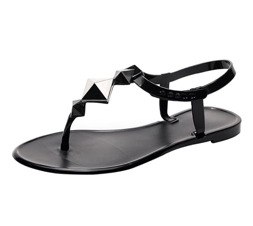 OMGard Damen-Sandalen, Nieten, Flip-Flops, Tanga, Jelly-Schuhe, verstellbarer T-Riemen, flache Schuhe, durchsichtig, Slipper, Sommer, Strand, Pool, Slipper, schnelltrocknend, weich, Schwarz, 36 EU von OMGard