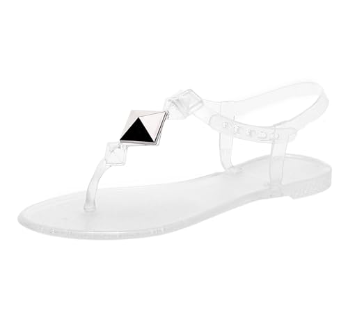OMGard Damen-Sandalen, Nieten, Flip-Flops, Tanga, Jelly-Schuhe, verstellbarer T-Riemen, flache Schuhe, durchsichtig, Slipper, Sommer, Strand, Pool, Slipper, schnelltrocknend, weich, Transparent, 36 EU von OMGard
