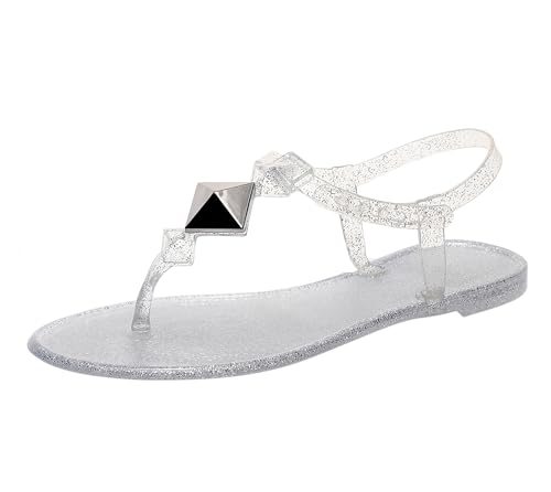 OMGard Damen-Sandalen, Nieten, Flip-Flops, Tanga, Jelly-Schuhe, verstellbarer T-Riemen, flache Schuhe, durchsichtig, Slipper, Sommer, Strand, Pool, Slipper, schnelltrocknend, weich, silber, 39.5 EU von OMGard