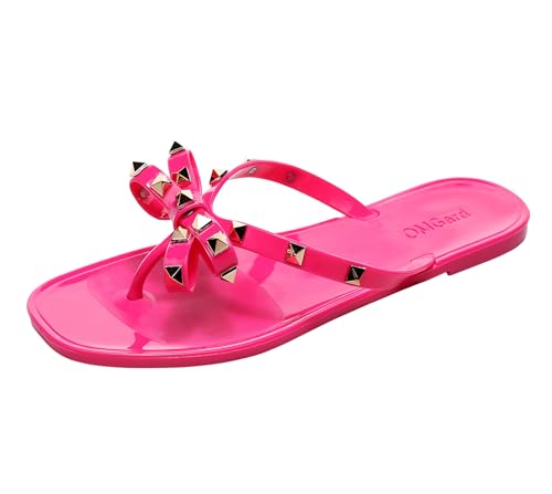 OMGard Damen-Sandalen mit Nieten, Schleife, Flip-Flops, Gelee-Schuhe, flach, Größe 40, Sommer, Strand, Tanga, Slides mit Nieten, elegante Hausschuhe zum Reinschlüpfen, Pink, 42.5 EU von OMGard