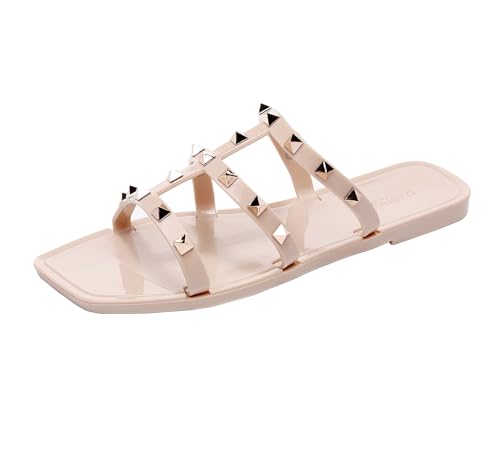 OMGard Flache Damen-Sandalen, Nieten, Größe 43, Rot, elegant, Sommer, Strand, Nieten, Riemen, Gelee, Schlupfschuh, offene Zehen, Beige, quadratische Zehenpartie, 38.5 EU von OMGard