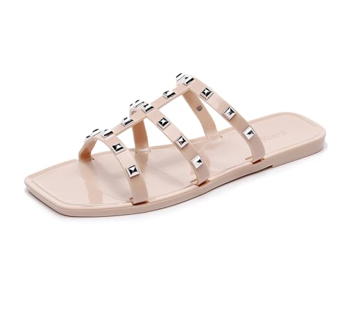 OMGard Flache Damen-Sandalen, Nieten, Größe 43, Rot, elegant, Sommer, Strand, Nieten, Riemen, Gelee, Schlupfschuh, offene Zehen, Beige, runde Nieten, quadratische Zehenpartie, 37.5 EU von OMGard