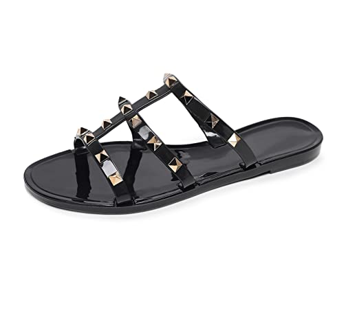 OMGard Flache Damen-Sandalen, Nieten, Größe 43, Rot, elegant, Sommer, Strand, Nieten, Riemen, Gelee, Schlupfschuh, offene Zehen, Schwarz, 39 EU von OMGard