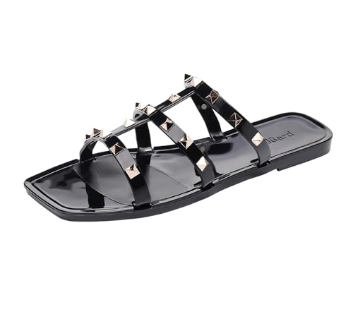 OMGard Flache Damen-Sandalen, Nieten, Größe 43, Rot, elegant, Sommer, Strand, Nieten, Riemen, Gelee, Schlupfschuh, offene Zehen, Schwarze quadratische Zehenpartie, 42 EU von OMGard