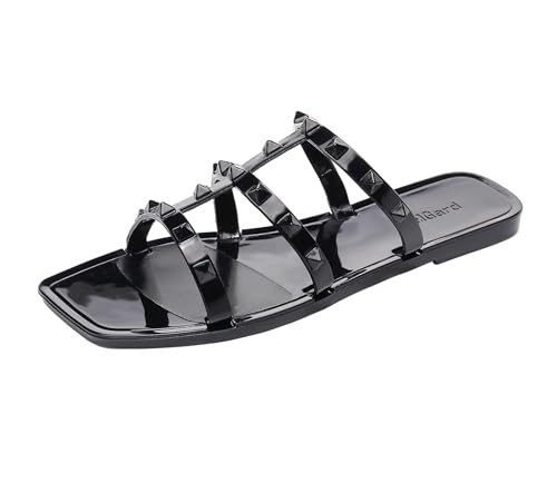 OMGard Flache Damen-Sandalen, Nieten, Größe 43, Rot, elegant, Sommer, Strand, Nieten, Riemen, Gelee, Schlupfschuh, offene Zehen, Schwarze quadratische Zehenpartie, Kunststoffnieten, 42 EU von OMGard