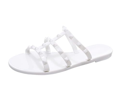 OMGard Flache Damen-Sandalen, Nieten, Größe 43, Rot, elegant, Sommer, Strand, Nieten, Riemen, Gelee, Schlupfschuh, offene Zehen, Weiße Kunststoffnieten, 39 EU von OMGard