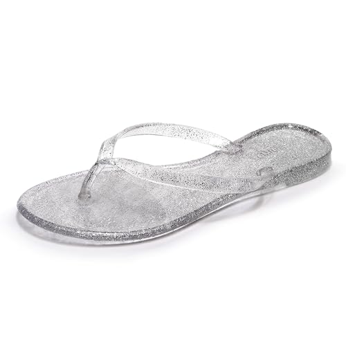 OMGard Flip-Flops für Damen, Jelly-Sandalen, Zehentrenner mit flachen Schuhen, transparent, für Sommer, Strand, Pool, Slipper, Größe 44, schnelltrocknend, weich, silber, 37.5 EU von OMGard
