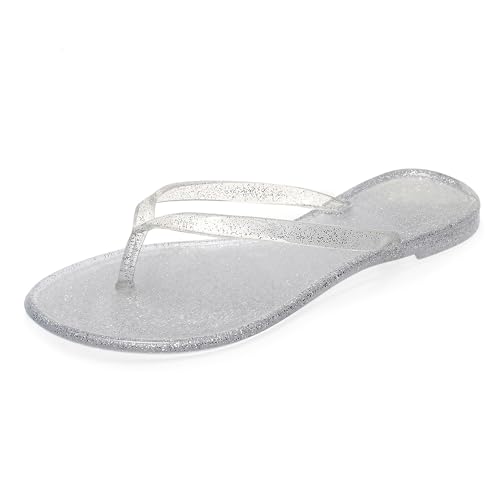 OMGard Flip-Flops für Damen, Jelly-Schuhe, Zehensandalen, Flats, transparent, für Sommer, Strand, Pool, Slipper, Größe 44, schnelltrocknend, weich, silber, 38.5 EU von OMGard