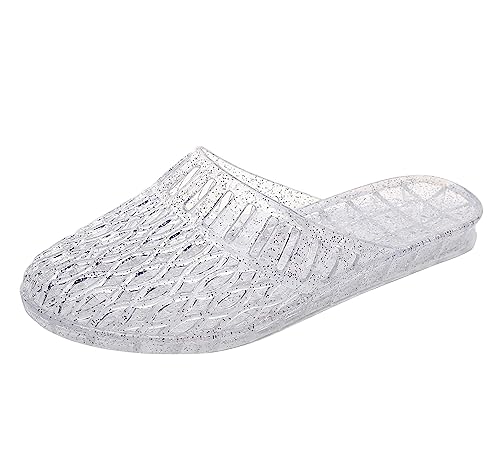OMGard Gelee-Schuhe für Damen, weiße Gelees-Sandalen, Glitzer, transparent, flache Slipper, Sommer, Strand, Hausschuhe, transparent, geschlossene Zehen, weiche Rutsche, Transparent, 37.5 EU von OMGard