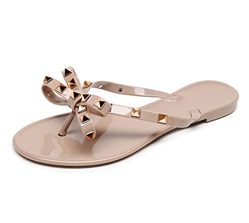 OMGard Nieten-Jelly-Schuhe für Damen, Schleife, Flip-Flops, Jellies, Sandalen, flach, schwarz, Sommer, Strand, Tanga mit Nieten, Riemen, Slipper, Beige, 42 EU von OMGard