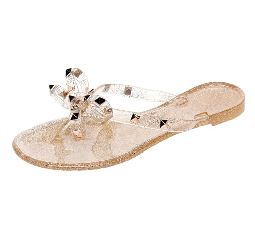OMGard Nieten-Jelly-Schuhe für Damen, Schleife, Flip-Flops, Jellies, Sandalen, flach, schwarz, Sommer, Strand, Tanga mit Nieten, Riemen, Slipper, Gold / Glitzer, 38 EU von OMGard
