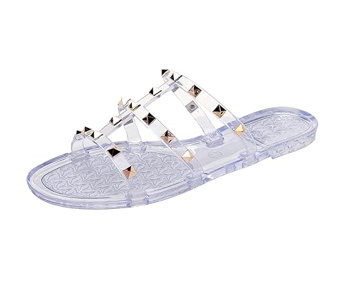 OMGard Nieten-Jelly-Schuhe für Damen, Schleife, Flip-Flops, Jellies, Sandalen, flach, schwarz, Sommer, Strand, Tanga mit Nieten, Riemen, Slipper, Transparent, 7 Narrow von OMGard
