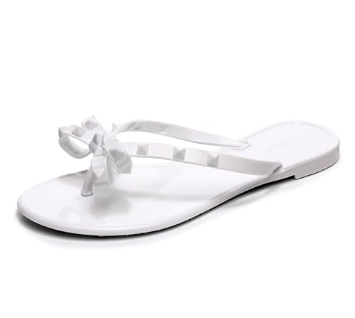 OMGard Nieten-Jelly-Schuhe für Damen, Schleife, Flip-Flops, Jellies, Sandalen, flach, schwarz, Sommer, Strand, Tanga mit Nieten, Riemen, Slipper, White New2, 36 EU von OMGard