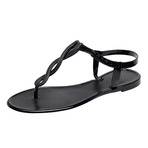 OMGard Sandalen für Damen, Zehentrenner, Flip-Flops, Gelee-Schuhe, verstellbarer T-Riemen, flache Schuhe, transparent, Slipper, Sommer, Strand, Slipper, schnelltrocknend, weich, Schwarz, 36 EU von OMGard