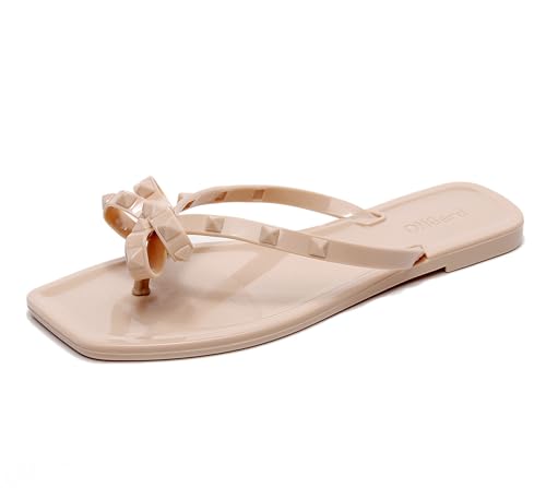 OMGard Sandalen mit Nieten für Damen, Schleife, Flip-Flops, Gelee-Schuhe, flach, Größe 42, Sommer, Strand, Tanga, Slides mit Nieten, Kleid, Hausschuhe, quadratische Zehenpartie, Slipper, Beige, Beige von OMGard
