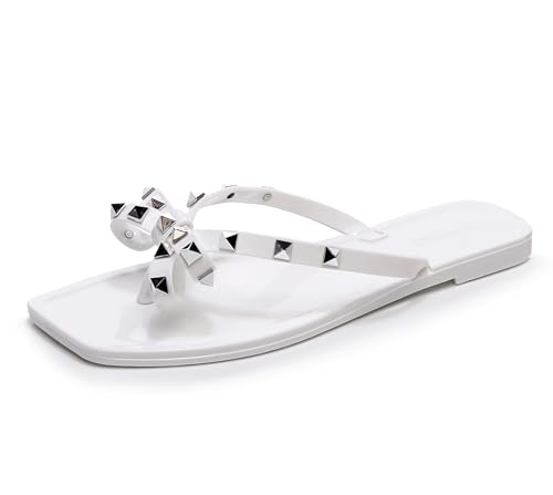OMGard Sandalen mit Nieten für Damen, Schleife, Flip-Flops, Gelee-Schuhe, flach, Größe 42, Sommer, Strand, Tanga, Slides mit Nieten, Kleid, Hausschuhe, quadratische Zehenpartie, Slipper, Beige, Weiss von OMGard