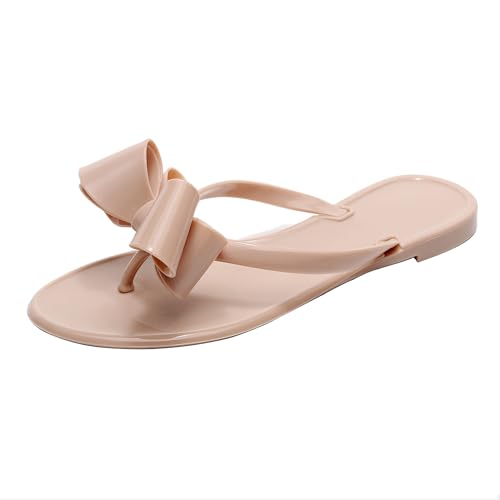 OMGard Sandalen mit Nieten für Damen, Schleife, Flip-Flops, Gelee-Schuhe, flach, Sommer, Strand, Zehen, Slides mit Nieten, elegante Hausschuhe zum Reinschlüpfen, Beige, Beige, 36 EU von OMGard