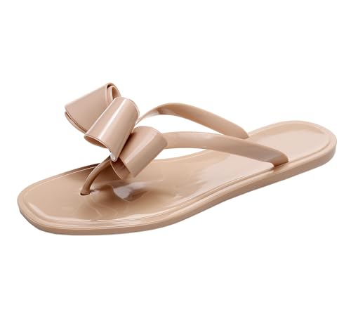 OMGard Sandalen mit Nieten für Damen, Schleife, Flip-Flops, Gelee-Schuhe, flach, Sommer, Strand, Zehen, Slides mit Nieten, elegante Hausschuhe zum Reinschlüpfen, Beige, Quadratische Zehenpartie, Beige von OMGard
