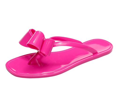 OMGard Sandalen mit Nieten für Damen, Schleife, Flip-Flops, Gelee-Schuhe, flach, Sommer, Strand, Zehen, Slides mit Nieten, elegante Hausschuhe zum Reinschlüpfen, Beige, Quadratische Zehenpartie, rosa von OMGard
