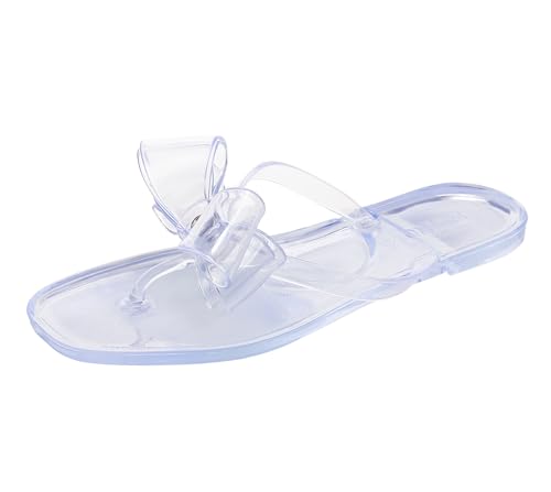 OMGard Sandalen mit Nieten für Damen, Schleife, Flip-Flops, Gelee-Schuhe, flach, Sommer, Strand, Zehen, Slides mit Nieten, elegante Hausschuhe zum Reinschlüpfen, Beige, Transparent, 42 EU von OMGard