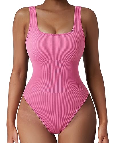 OMKAGI Bodysuit Ribbed Shapewear Damen Bauchweg Stark Formend Sculpting Sleeveless Seamless Yoga Jumpsuit Thong Bodysuits Figure Shaping Body Shape(L, Rosa-02) von OMKAGI