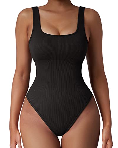 OMKAGI Bodysuit Ribbed Shapewear Damen Bauchweg Stark Formend Sculpting Sleeveless Seamless Yoga Jumpsuit Thong Bodysuits Figure Shaping Body Shape(XL, Schwarz-02) von OMKAGI