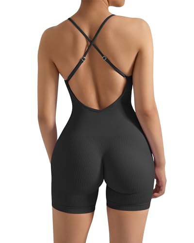 OMKAGI Rückenfreie Gerippte Jumpsuit Damen Kurz Spaghetti Strap Yoga Overall Bauchweg Sport Einteiler Romper(L,Schwarz) von OMKAGI