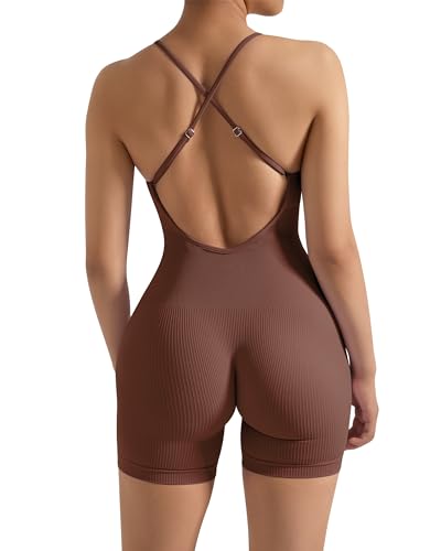 OMKAGI Rückenfreie Gerippte Jumpsuit Damen Kurz Spaghetti Strap Yoga Overall Bauchweg Sport Einteiler Romper(M,Braun) von OMKAGI