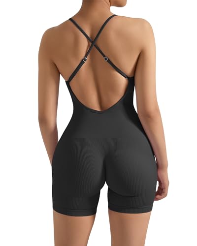 OMKAGI Rückenfreie Gerippte Jumpsuit Damen Kurz Spaghetti Strap Yoga Overall Bauchweg Sport Einteiler Romper(S,Schwarz) von OMKAGI