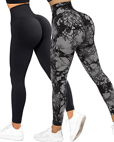 OMKAGI Scrunch Butt Leggings for Damen, High Waist Opaque Push Up Sports Trousers, Booty Lifting Seamless Gym Leggings(XL, Pack-588-Black Tie Dye-657-Black) von OMKAGI