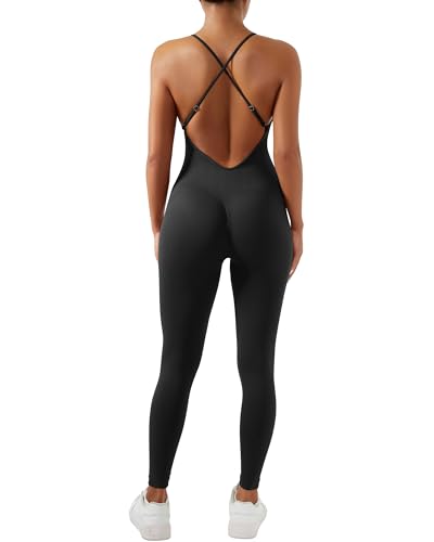 OMKAGI Seamless Spaghetti Strap Jumpsuit Damen Eng Scrunch Butt Lifting Leggings Rückenfreie Sleeveless Yoga Sport One Piece Romper Workout Playsuit(L,Schwarz-03) von OMKAGI