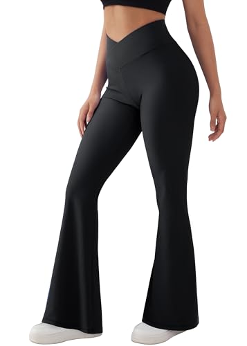 OMKAGI Women's Flared Yoga Trousers, Bootcut Yogahose Damen, High Waist Seamless Gerippt Flare Leggings Push Up Long Sports Trousers(M,Schwarz-18) von OMKAGI