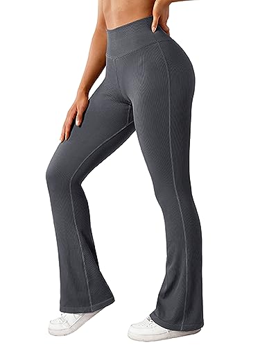 OMKAGI Women's Flared Yoga Trousers, Bootcut Yogahose Damen, High Waist Seamless Gerippt Flare Leggings Push Up Long Sports Trousers(XL,Grau) von OMKAGI